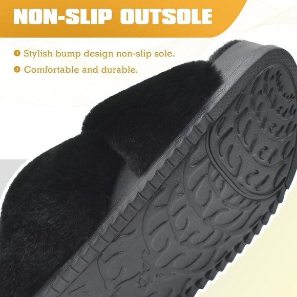 Women's Fleece Fuzzy Fur Criss Cross Open Band Cozy Slippers Black Shoes - Picture 8 of 9
